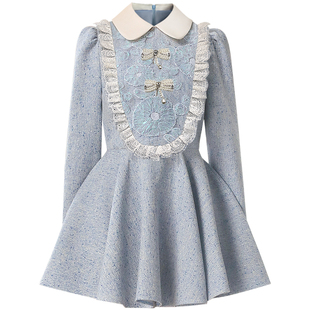 茬客温柔小香风长袖连衣裙2025秋冬撞色蕾丝花边短款裙甜美娃娃领