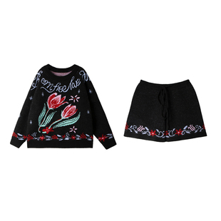 有耳uare原创设计 雪夜郁金香 羊毛混纺花朵字母提花毛衣短裤套装