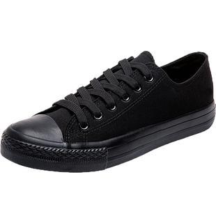 人本男鞋男款黑色男士上班休闲工作鞋纯黑全黑帆布鞋子老北京布鞋