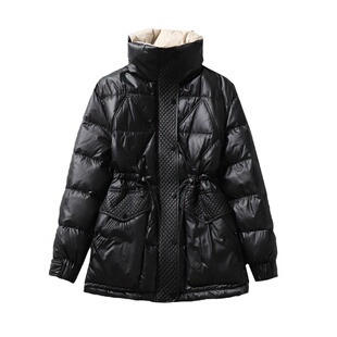 冬季抽绳拉链保暖外套女新款修身加厚白鸭绒中款小个子显瘦羽绒服