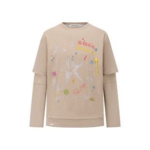 丁程鑫戴萌同款Alexia Sandra海洋涂鸦2025假两件T恤长袖高级感