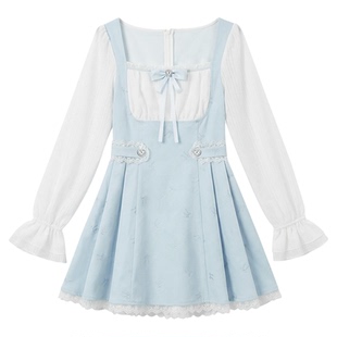 织物猪 海盐甜霜 甜美风方口领长袖连衣裙女春蓝色蕾丝边公主短裙