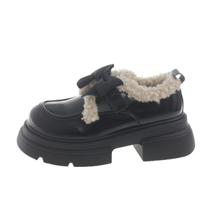 英伦风小皮鞋女款2026秋冬蝴蝶结配裙子厚底松糕复古加绒乐福棉鞋