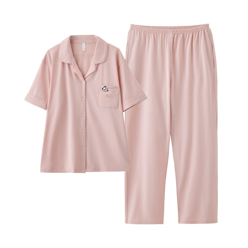 女士睡衣纯棉纯色夏季短袖长裤拉架棉爽棉加大码女学生家居服套装