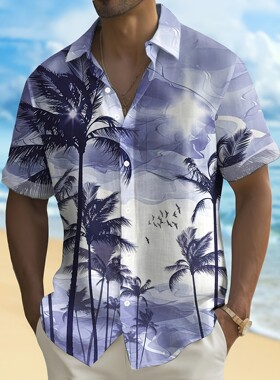 Q 82941 3D Floral Print Button Pocket Shirts 夏威夷风格衬衫
