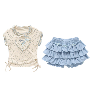 女童短袖T恤夏季2026新款网红蛋糕半身裙小女孩洋气韩版碎花套装