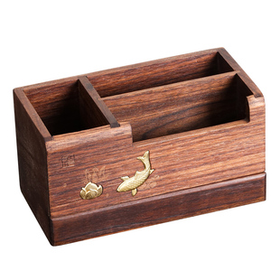 高档实木笔筒定制抽拉收纳盒桌面摆件中式办公室书桌整理神器刻字印logo简约风格古风创意设计感书房木笔桶