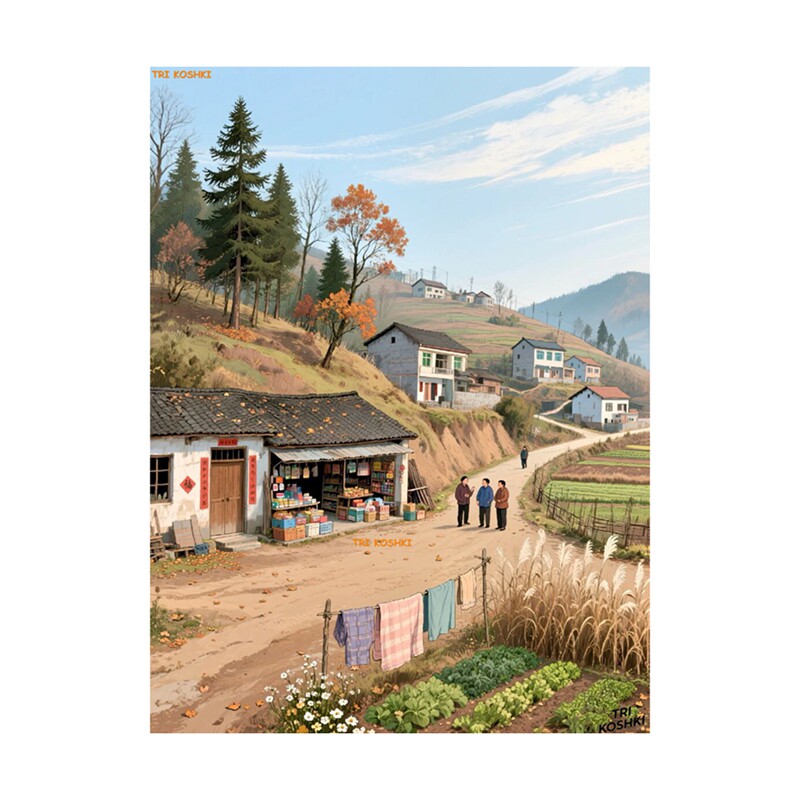 田园乡村怀旧复古插画玄关客厅走廊过道墙贴自粘装饰画乡村风景画