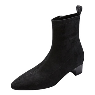 Nine West/玖熙哑光弹力瘦瘦靴女尖头侧拉链粗跟显瘦低筒及踝短靴