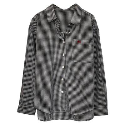 复古纯棉格子刺绣宽松长袖衬衫女