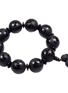 藏式黑玛瑙六字真言男手链文玩佛珠佛头三通天眼天然饰品玉石手串