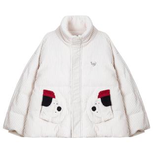 KEIKO 韩系软糯条绒白色立领棉服冬季趣味口袋加厚短款小棉袄外套