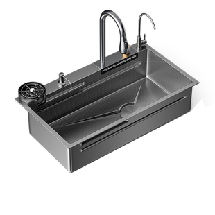 厨房洗菜盆大单槽蜂窝压纹飞雨瀑布水槽加厚304不锈钢家用洗碗槽