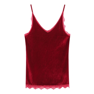 弹力金丝绒蕾丝打底小吊带背心宽松短款丝绒内搭上衣黑色小衫加绒