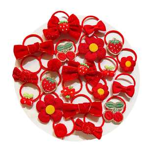 新年红色发圈儿童蝴蝶结宝宝头绳可爱喜庆女孩过年扎头发皮筋套装