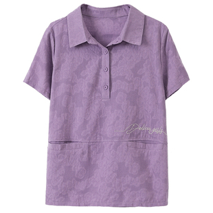 纯棉短袖t恤女宽松2025夏装新款中年妈妈气质带领子小衫透气上衣