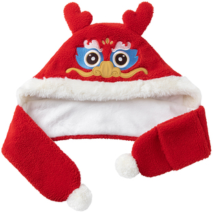 羊糕绒宝宝夹棉护耳帽围脖一体冬季婴儿防风保暖帽子红色过新年帽