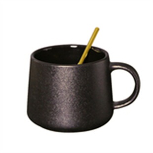 欧式创意简约黑色马克杯粗陶磨砂陶瓷杯带盖勺学生办公咖啡水杯