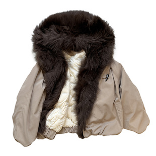 连帽狐狸毛羽绒服外套女2025冬季新款可拆卸大毛领短款鹅绒派克服