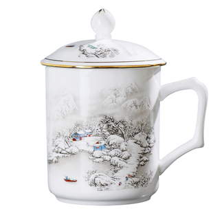 景德镇陶瓷茶杯泡茶杯家用办公室会议杯水杯LOGO定制马克杯带杯盖