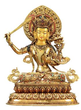 闯隆铜鎏金雕花文殊菩萨铜像摆件