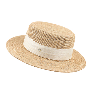 特细拉菲草平顶草帽女法式赫本风小礼帽夏季海边沙滩遮阳防晒帽子