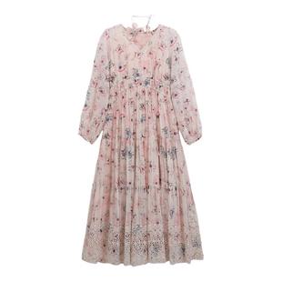 芭依璐2026春装新品连衣裙女长袖V领蕾丝花朵装饰拼接公主碎花裙