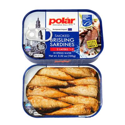 【自营】Polar原装进口水浸烟熏黍鲱沙丁鱼罐头即食海鲜食品100g