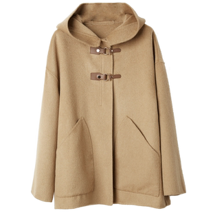 YUESPACE骆驼绒毛呢大衣女士连帽拉链时尚宽松休闲秋冬外套常规款