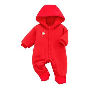 小数点婴幼儿加棉加厚连脚连体衣男女宝宝包脚连身衣红色年服棉衣