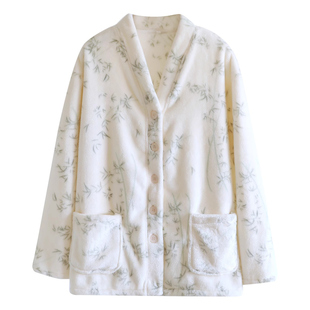 甜美法兰绒睡衣女加绒加厚V领单件上衣秋冬季保暖珊瑚绒家居服