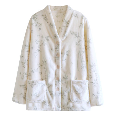 法兰绒秋冬加厚V领保暖睡衣女