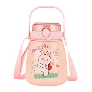 吸管不锈钢保温大肚水杯双饮大容量1000ml带杯套儿童男女学生卡通