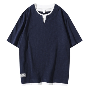 男士竹节棉t恤男假两件上衣拼接短袖美式男款夏衣服半袖2025新款