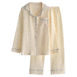 日系彩点睡衣女士春秋夏季纯棉纱布薄款宽松长袖开衫家居服套装