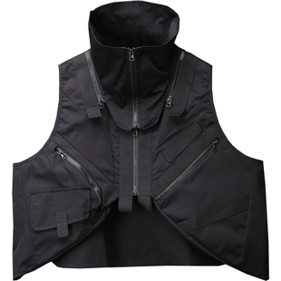 重工机能风马甲男拼接高领战术背心工装多口袋户外马夹无袖外套潮