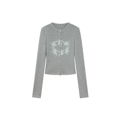 YUSSI针织肌理感拉链针织开衫女立领复古猫咪印花修身长袖外套