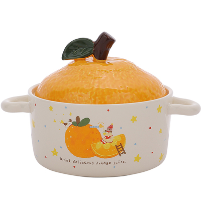 橘子泡面碗家用陶瓷带盖双耳碗