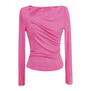 设计感法式斜肩打底上衣不对称褶皱修身显瘦长袖丝光针织衫女春秋