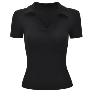 Go Girl Go 欧美风简约百搭V领短袖T恤女修身显瘦翻领短款上衣