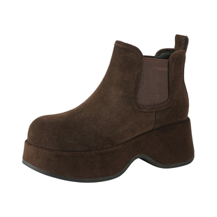 MILLIE'S/妙丽厚底切尔西短靴女棕色磨砂皮松紧带增高复古靴子Z