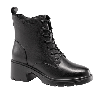 奥康女鞋冬季真皮加绒保暖时装靴粗跟系带经典百搭马丁靴