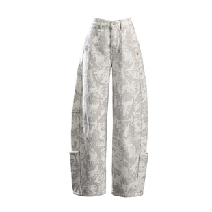 美式复古扎染印花阔腿牛仔裤女2025新款冬季加绒加厚工装风直筒裤