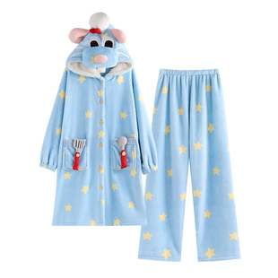 侘町2025冬季新款星星厨师鼠睡袍长裤睡衣女法兰绒加绒家居服套装