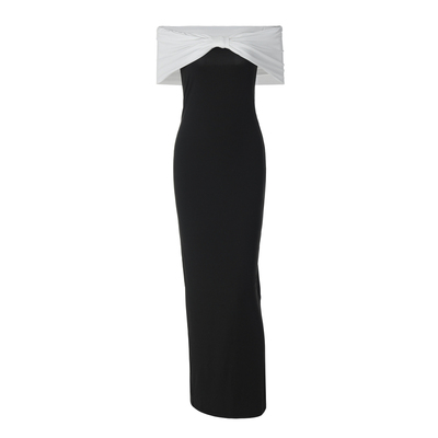 度假高级感黑白撞色一字肩连衣裙