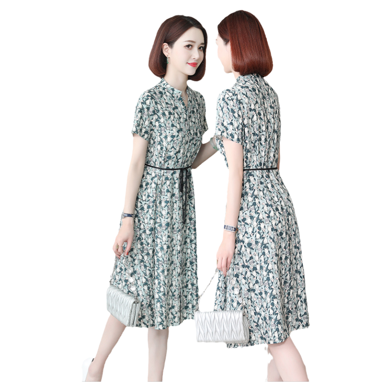 杭州真丝连衣裙女印花中年妈妈