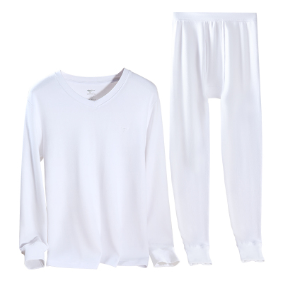 七匹狼白色秋衣套装男款纯棉V领