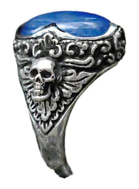 天然蓝晶石宝石银色骷髅雕刻戒指