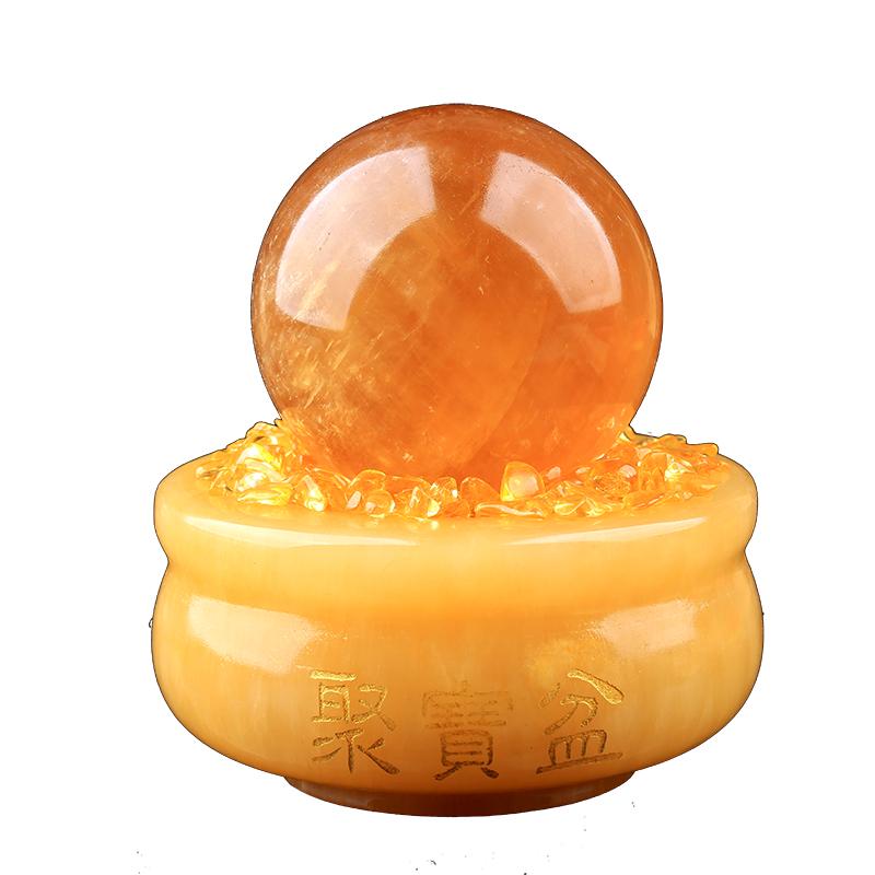 天然黃水晶球擺件聚寶盆底座原石打磨客廳財(cái)位改善廚房西北角風(fēng)水