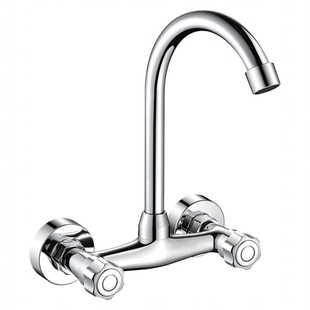 厨房双孔入墙式洗菜盆水龙头冷热混水阀洗衣池全铜面盆出水嘴防冻